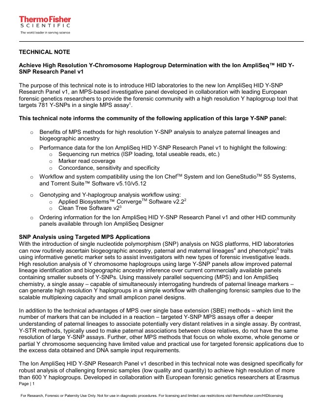 Manufacturer technical note: Ion AmpliSeq HID Y-SNP Research Panel v1