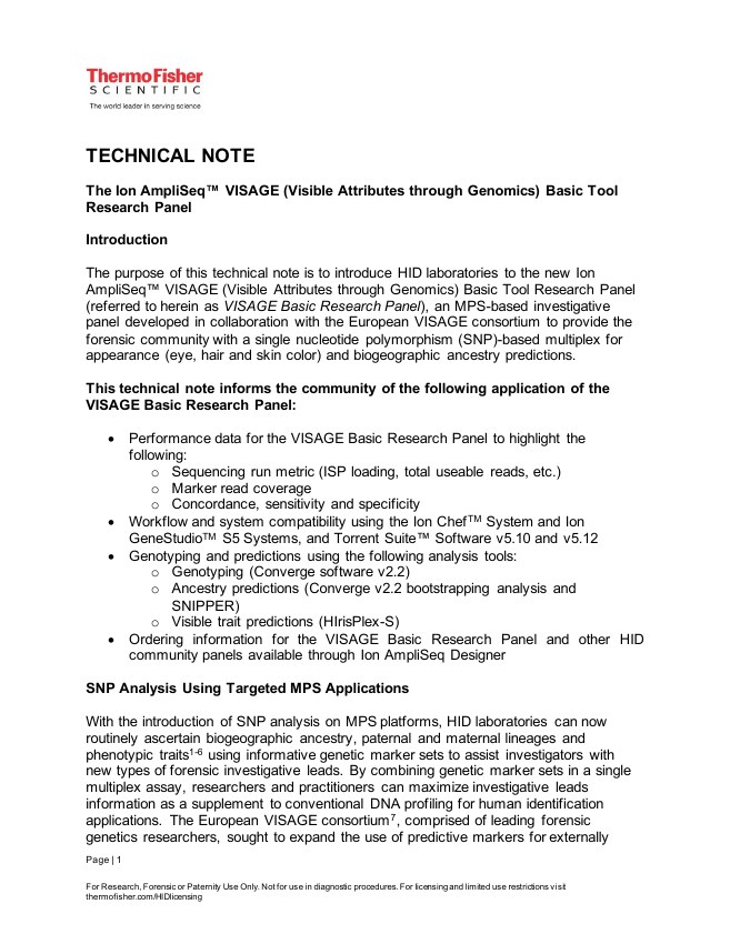 Manufacturer technical note: Ion AmpliSeq VISAGE-Basic Tool Research Panel