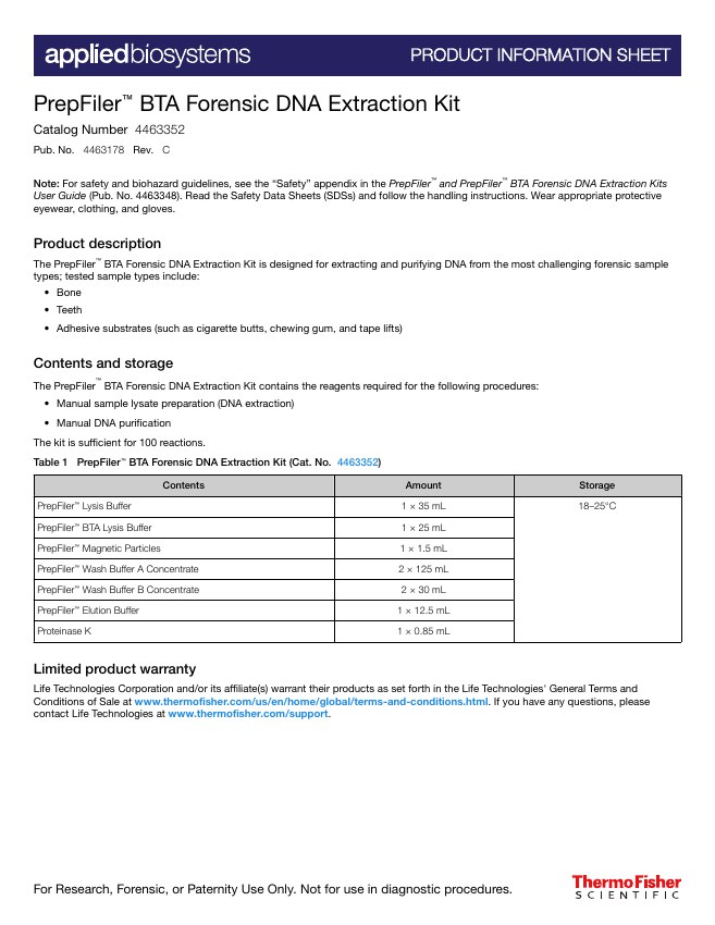 Brochure cover: PrepFiler BTA product information sheet